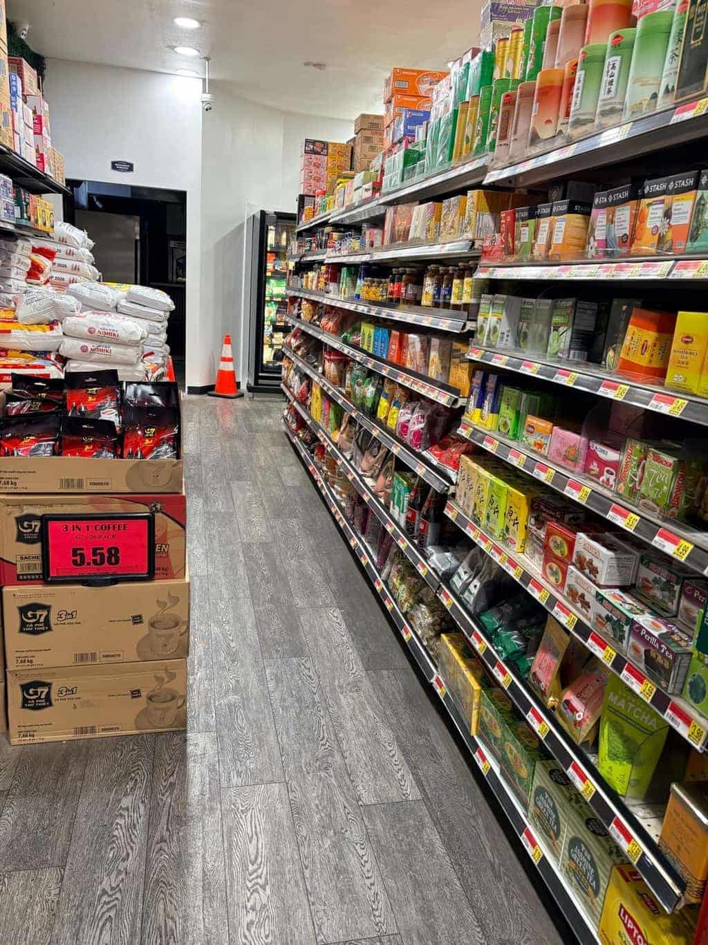 Full aisle of coffee and tea products at Asian Market Escondido