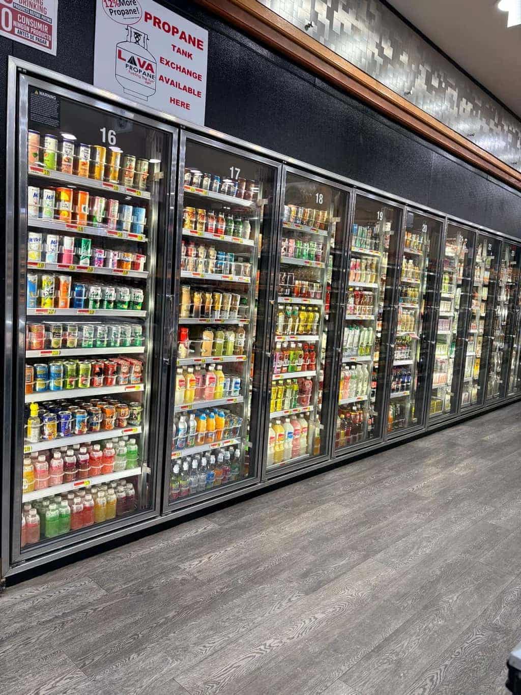 Cooler of international and domestic drinks at Asian Market Escondido