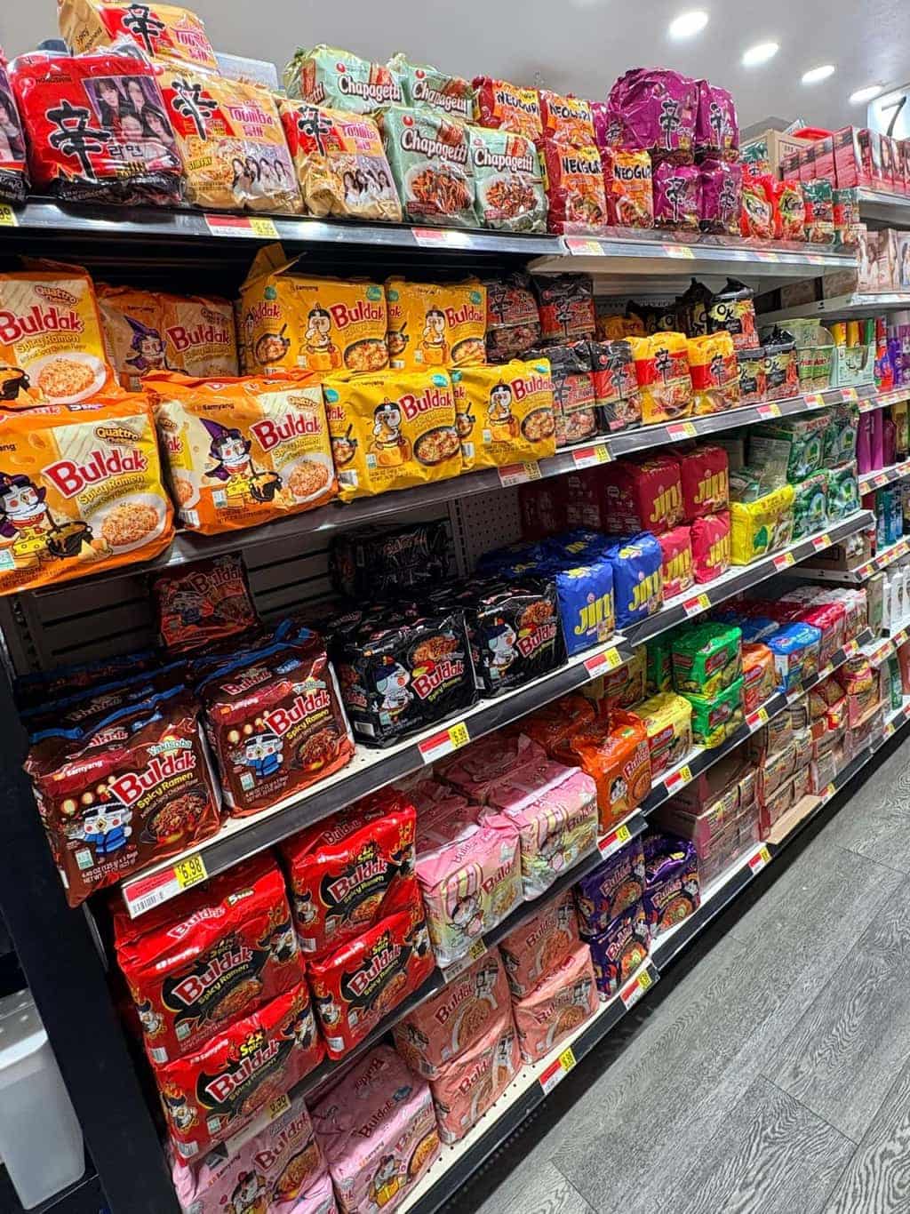Shelf of ramen brands at Asian Market Escondido